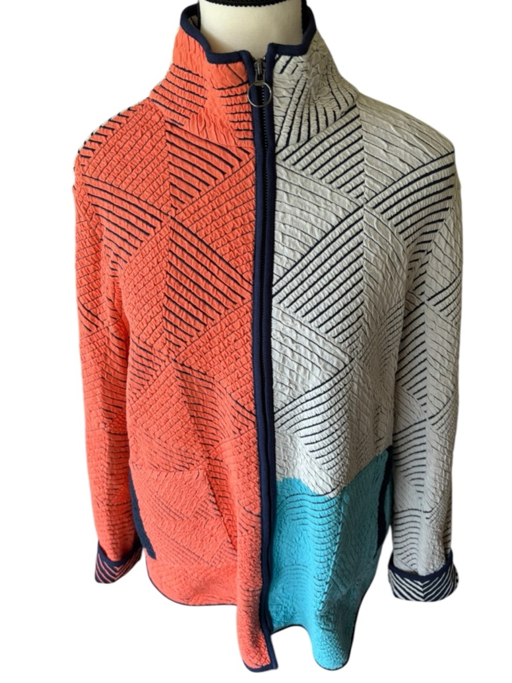 NIC+ZOE Mixed Up Sweater Jacket, Quilted Colorblock- Coral, Light Gray & Teal, L